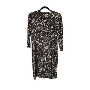 Anne Klein Black Brown and Cream Dotted 3/4 Sleeve Midi Career Faux Wrap Dress